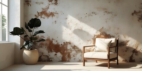 A beautifully lit minimalist interior featuring a vintage wooden armchair with a cushion, a potted plant, and textured walls, creating a warm and cozy atmosphere with natural light.

