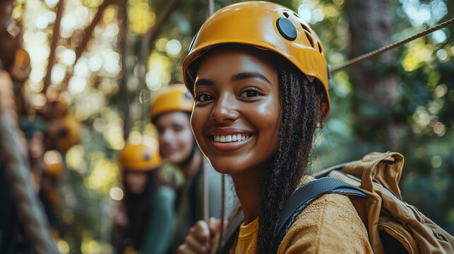 Smiling woman in yellow helmet participates in a group adventure activity ziplining through lush forest canopy Perfect for travel adventure and lifestyle projects