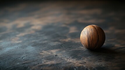 Fototapeta premium Minimalist Wooden Sphere Resting on Dark Grunge Concrete Surface Background