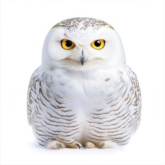Naklejka premium Close up of a snowy owl with intense yellow eyes against a white background. The owl's plumage is predominantly white with subtle gray and brown