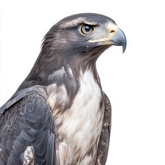 Close up profile of a dark gray and white hawk against a pure white background. The bird's gaze is sharp and intense, its feathers detailed. 