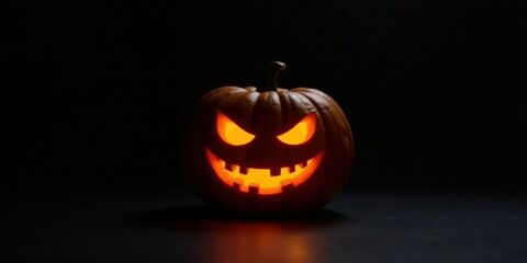 Illuminated Halloween Jack-o'-lantern with menacing grin on dark background, perfect for autumnal celebrations and spooky festivities.