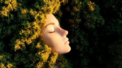 AI Art  Woman s Face in Nature  Surreal  Digital  Green Foliage  Calm  Peaceful  Tranquil