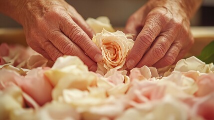 Elderly Hands Carefully Arranging A Single Rose Among Petals