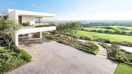 Fototapeta premium Modern Hilltop House Panoramic City View Luxury Garden