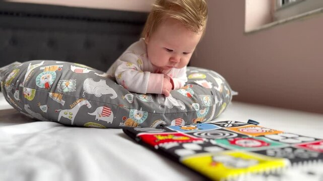 Cute Caucasian newborn baby girl with lots of hair doing tummy time on the pillow and watching high contrast pictures for early learning and baby development. Baby milestone. Pediatrics concept
