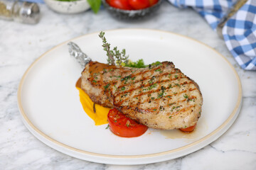 Grilled pork chop delight kitchen food photography cozy atmosphere close-up culinary art