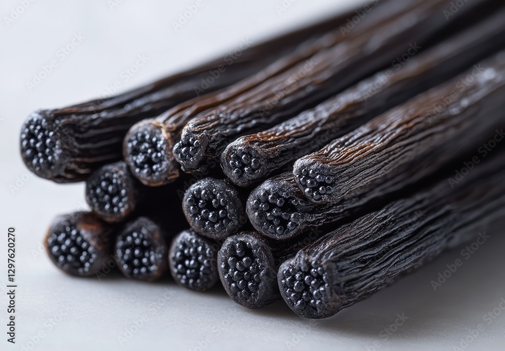 Poster close-up view of natural vanilla beans stacked on each other in a minimalistic background, highlight