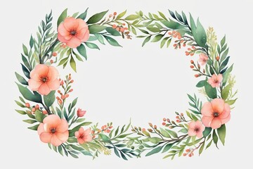 a watercolor wreath of flowers and leaves on a white background