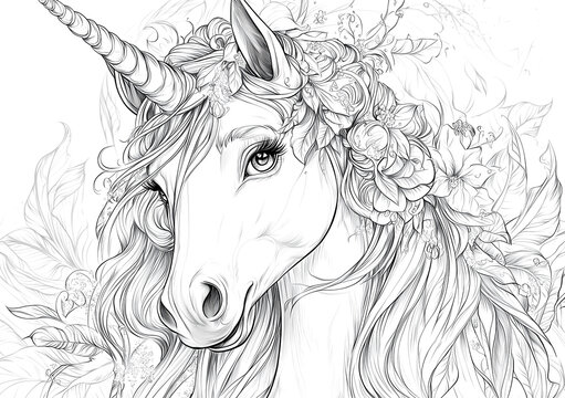 A coloring page of a unicorn with flowers, line art, no shading, white background, clean lines, high detail, black and white only, coloring book style, thick outlines, clear drawing lines