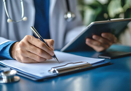 doctor writing notes on clipboard while using tablet in medical office. scene conveys professionalism and attention to patient care