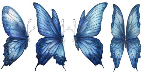 An exquisite watercolor butterfly glides across the canvas, its deep blue body and intricately patterned wings shimmering with hints of purple. Each detail captivates with precision and artistry