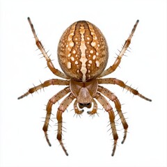 Detailed close up of a spider on a white background. The spider is brown and tan with distinctive markings on its abdomen. Its legs are long and