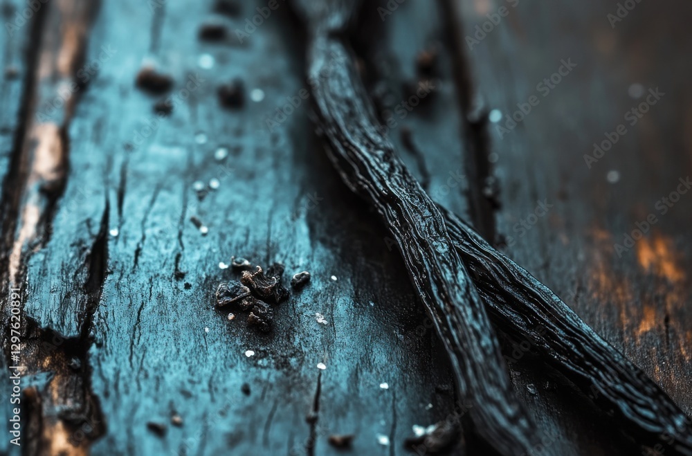 Poster close-up view of vanilla pods on rustic wooden surface with granules displaying rich textures and na