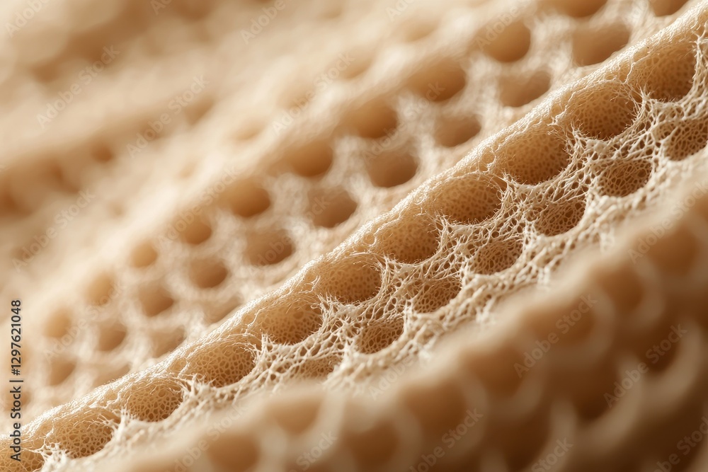 Poster a close-up view of a textured, beige surface featuring intricate patterns reminiscent of natural hon