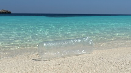 Obraz premium Ocean Plastic Pollution Crushed Bottle on Sandy Beach