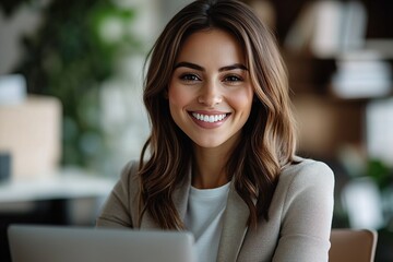 Fototapeta premium Smiling Young Businesswoman with Laptop in Modern Office