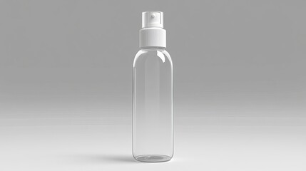 Clear spray bottle on a neutral background, showcasing its sleek design for product display