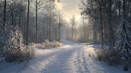 Fototapeta premium A snowy forest scene with a path leading into the distance