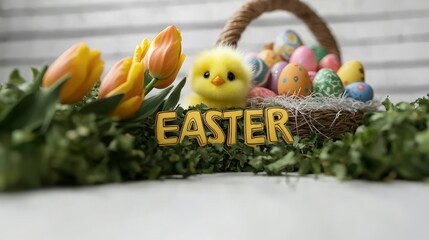 Happy Easter  Chick  Eggs  Tulips  Spring Basket  Festive