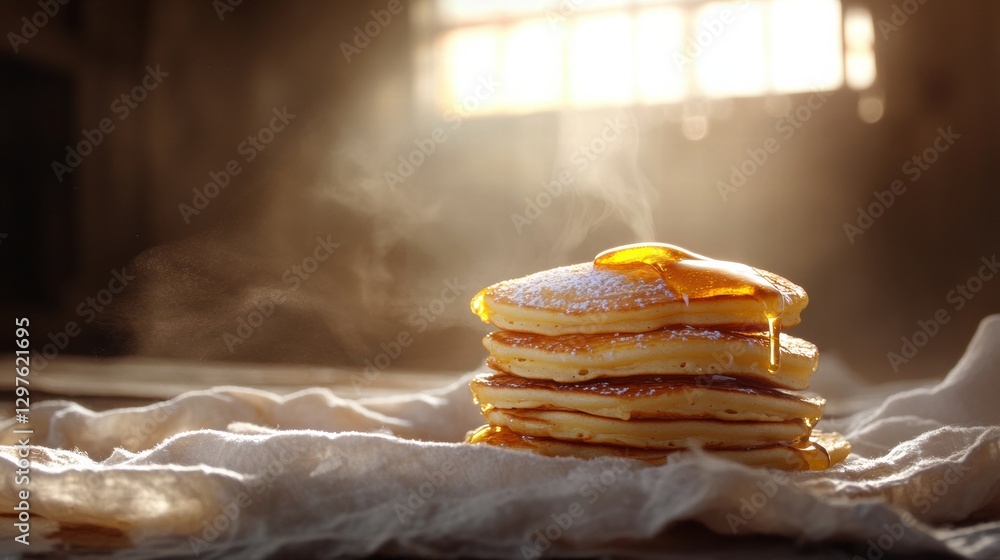 Poster delicious stack of warm pancakes with syrup in a cozy setting during the morning light. generative a