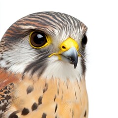 Fototapeta premium Close up of a falcon's head against a white background. The bird's dark eyes, yellow beak, and brown and white feathers are visible. 