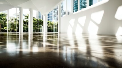 Fototapeta premium Modern Office Interior Design Polished Concrete Floor Sunlight City View