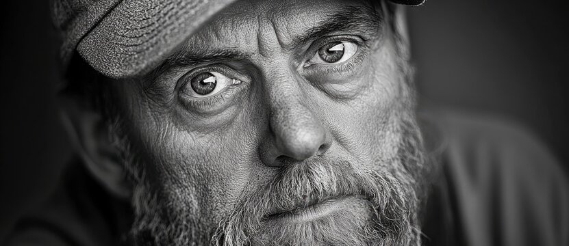 Close up black and white portrait of an elderly man with a weathered face, wearing a cap, showing deep wrinkles and lines. His gaze is intense