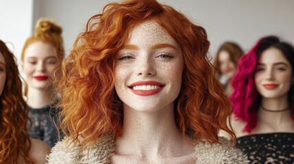 Fototapeta premium Redhead Women Group Portrait Freckles Curly Hair Friendship Studio Laughter Vibrant