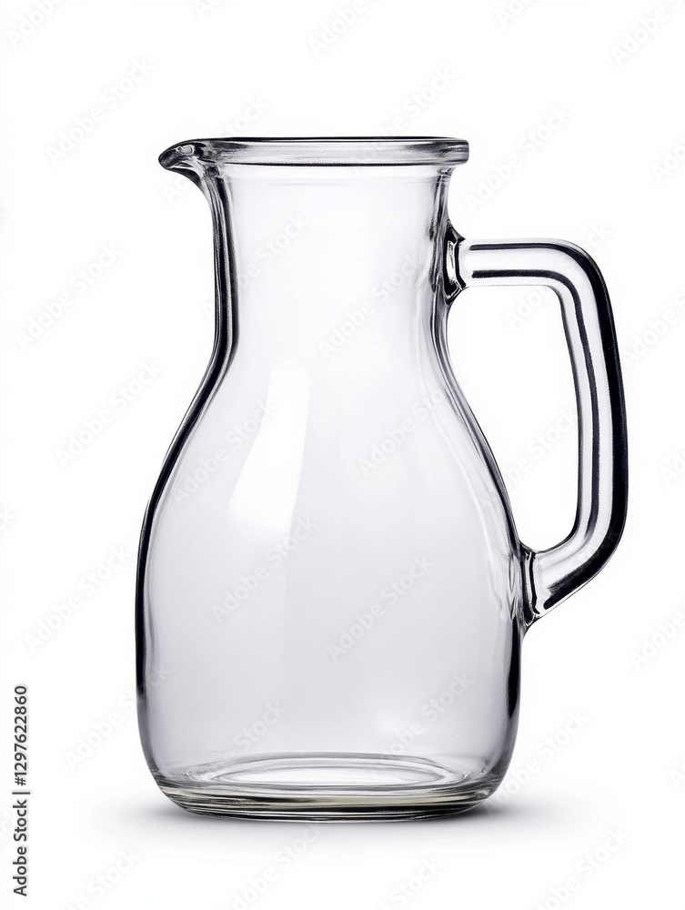 Poster clear glass pitcher with a curved body and a handle, set against a white background. the pitcher is 