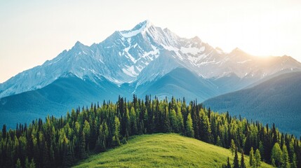 Fototapeta premium Majestic Mountain Range Green Forest Sunset Landscape Photography