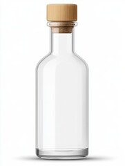 Clear glass bottle with a light brown wooden cork top, isolated on a white background. The bottle is cylindrical with slight curves. 
