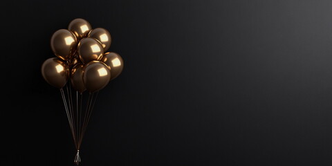 Elegant gold balloons floating against a black background, creating a luxurious and celebratory atmosphere. Perfect for birthdays, parties, and festive occasions.
