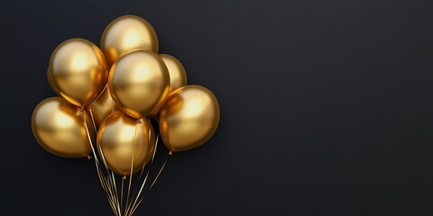 A bunch of shiny golden balloons against a dark background, symbolizing joy, elegance, and celebration. Ideal for event invitations and festive designs.
