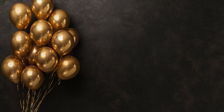 A bunch of shiny golden balloons against a dark background, symbolizing joy, elegance, and celebration. Ideal for event invitations and festive designs.
