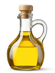 Studio shot of a clear glass bottle with a cork stopper, filled with light yellow oil, on a white background