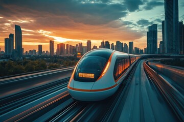 A high speed futuristic train travels through a cityscape at sunset