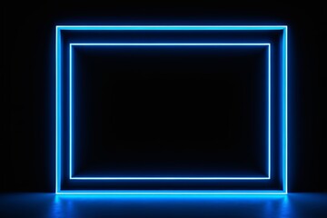 a blue neon frame in a dark room with a black background