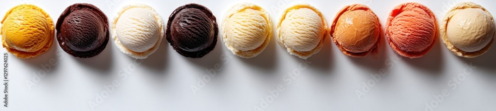 Poster colorful array of ice cream scoops in various flavors displayed neatly on a white surface, perfect f