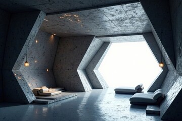 Obraz premium Modern Concrete Architecture Interior Design with Minimalist Furniture and Bright Open Space