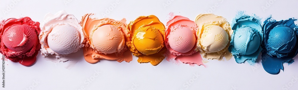 Poster colorful array of ice cream scoops with melting swirls on white background capturing the joy of summ