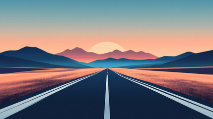 A straight road leading into the distance, mountains in the background