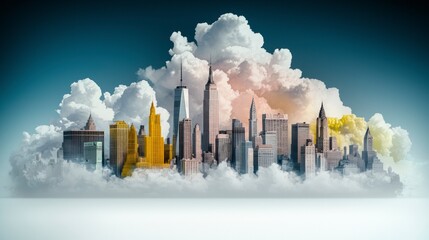 Dreamlike Cityscape  Pastel Skyline Emerging from Clouds