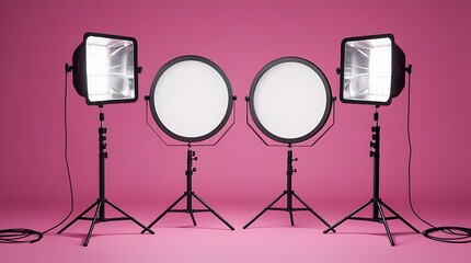 Professional studio lighting equipment arranged against a vibrant pink background, showcasing a symmetrical setup of softboxes and spotlights, ideal for photography and videography themes.

