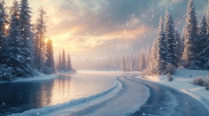 Winter Wonderland: Snow Covered Road Winding Through Frozen River and Snowy Pine Forest at Sunrise