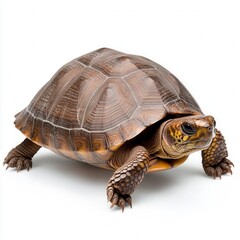 Obraz premium Brown tortoise on white background, studio shot, close up view showing detailed shell texture and patterns. Reptile with short legs and strong claws
