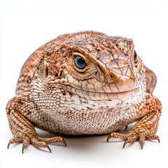 Fototapeta premium Close up of a brown lizard against a white background. The lizard has textured skin and dark markings. Its expression is somewhat curious