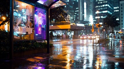 Obraz premium Rainy Night Cityscape Neon Lights Wet Streets Urban Scene