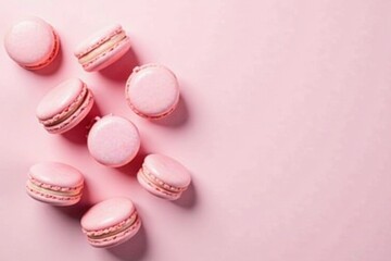 Obraz premium A delightful scattering of delicate pink macarons on a soft pink background, creating a visually appealing and appetizing image ideal for food blogs, bakery websites, or culinary publications.