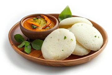 Pixel Perfect Picture of South Indian Idli Served with Chutney, Isolated on White Background